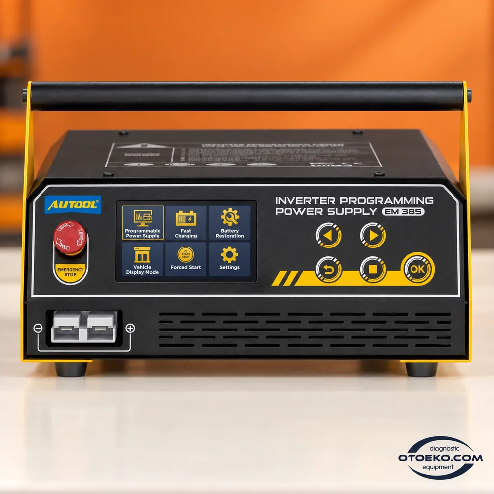 AUTOOL EM385 main unit, battery clamp cable, mains power cable and user manual